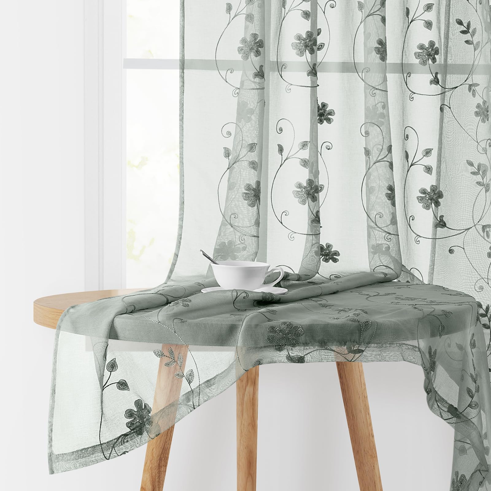 Homeideas Sage Green Sheer Curtains 63 Inches Length 2 Panels Embroidered Floral Sheer Pattern Curtains Semi Sheer Window Curtai